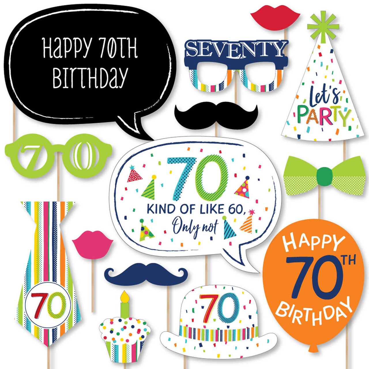 Big Dot of Happiness 70th Birthday - Cheerful Happy Birthday - Colorful Seventieth Birthday Party Photo Booth Props Kit - 20 Count